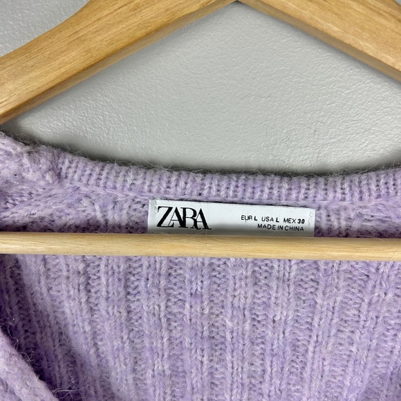 ZARA Cropped Chunky Ribbed Knit V-Neck Sweater Purple Large Alpaca Wool Lavender - Picture 2 of 4